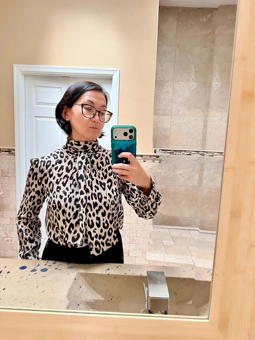Ann Taylor Leopard Print Bow Blouse in Brown & Black - Petite Small